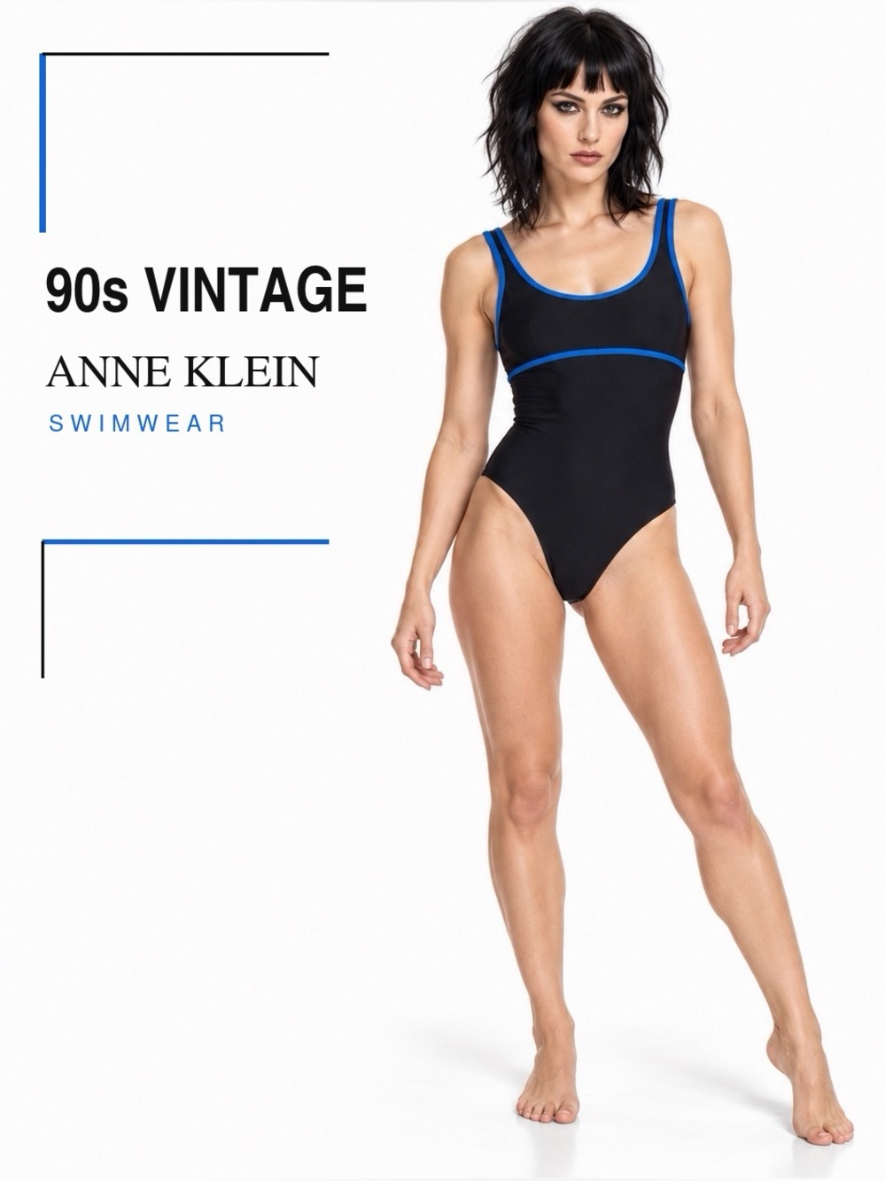 90s Vintage Anne Klein Black One-Piece Swimsuit with Blue Trim